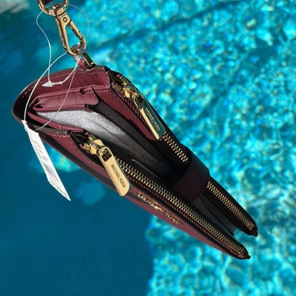 Michael Kors Jet Set Travel Large Double Zip Wristlet Wallet Merlot Leather - Picture 8 of 16